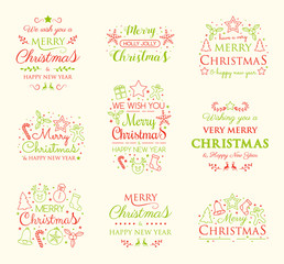 Collection of Christmas typography with ornaments. Vector.