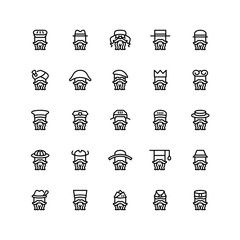 Twenty five  icons of men wearing different kinds of hats isolated on white background. Emoji and avatars flat style set.