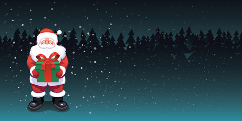Cute Santa Claus standing with green gift box on a dark forest background snow falling
