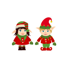 Set of cute and funny character Merry Christmas elfs in santa claus hats. Cute Christmas cartoon character for card, banner, leaflet, poster.
