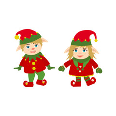 Set of cute and funny character Merry Christmas elfs girl and boy. Design element for congratulation card, banner, leaflet, poster. Cartoon style.