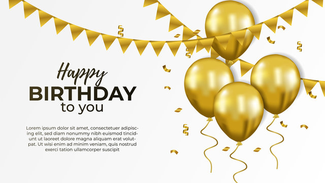 Happy Birthday banner template with 3d helium flying gold balloon. Vector illustration