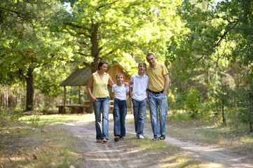 Portrait of happy family of four in autumn park walking