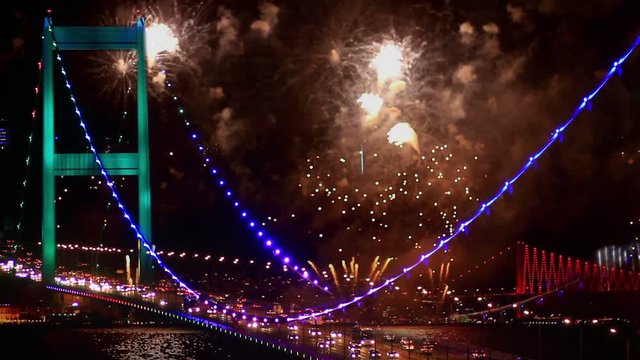 Bosphorus, Istanbul New Year Eve. Amazing fireworks all around the city.
