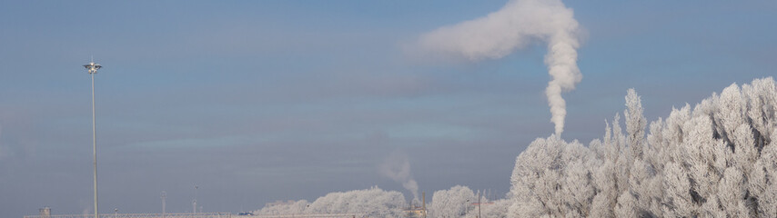 Winter frosty day, nature in the snow and emissions