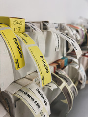 Intravenous drug labels - adhesive - to stick on syringe after drawing up the drugs - used in...