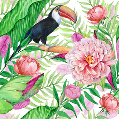 seamless patterns for textile design, tropical flowers and bird Toucan .watercolor hand painting