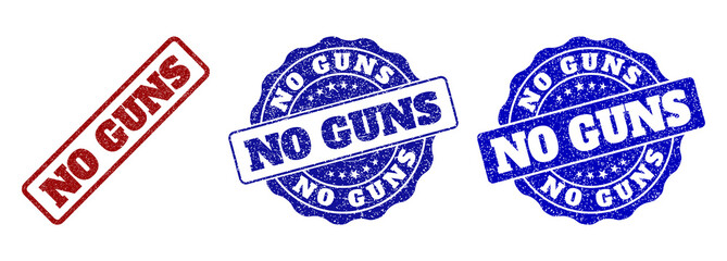 NO GUNS grunge stamp seals in red and blue colors. Vector NO GUNS watermarks with distress style. Graphic elements are rounded rectangles, rosettes, circles and text tags.