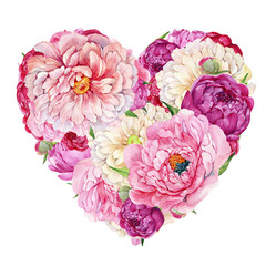 Heart of flowers, roses and peonies.Design for Valentine's day greeting card.watercolor illustration on isolated white background