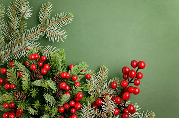 Christmas tree branches, pinecones and holly on corner of green background