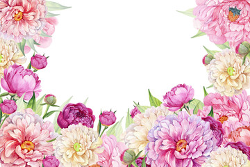 roses and peonies.Design for Valentine's day greeting card.watercolor illustration on isolated white background