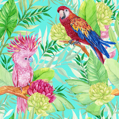 seamless patterns for textile design, tropical flowers and bright bird parrots .watercolor hand painting