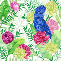 seamless patterns for textile design, tropical flowers and bright cockatoo parrots .watercolor hand painting
