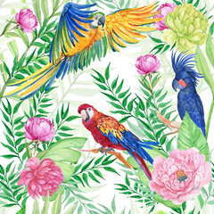 modèles sans couture pour la conception textile, les fleurs tropicales et les perroquets d& 39 oiseaux lumineux. peinture à la main à l& 39 aquarelle
