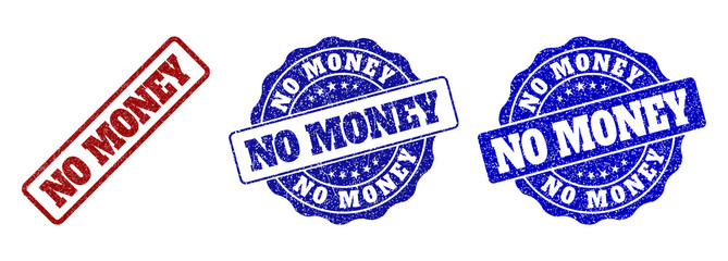 NO MONEY grunge stamp seals in red and blue colors. Vector NO MONEY labels with scratced texture. Graphic elements are rounded rectangles, rosettes, circles and text labels.