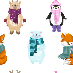 cute children illustration with animal deer, penguin, fox and bear. Christmas card.