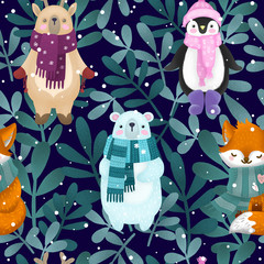 cute children illustration of a winter forest and animal deer, penguin, fox and bear. Christmas card. - 236972674