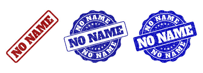 Obraz premium NO NAME scratched stamp seals in red and blue colors. Vector NO NAME watermarks with scratced texture. Graphic elements are rounded rectangles, rosettes, circles and text titles.