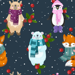 cute children illustration of a winter forest and animal deer, penguin, fox and bear. Christmas card. - 236972873