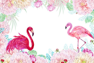 Flamingo bird and flowers .Watercolor illustration for postcard design, watercolor hand painting .Isolated white background