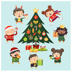 Cartoon children and adults gathered around Christmas tree decorated with various toys. Cartoon vector illustration.