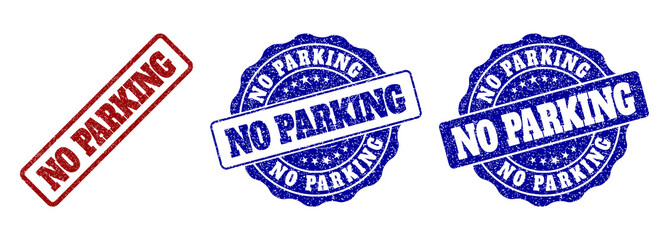 NO PARKING grunge stamp seals in red and blue colors. Vector NO PARKING labels with scratced effect. Graphic elements are rounded rectangles, rosettes, circles and text labels.
