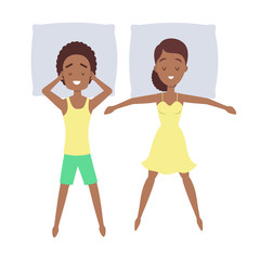 Couple sleep in different position. Female character
