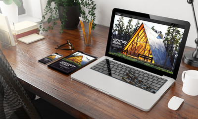 devices architect studio on wooden desktop