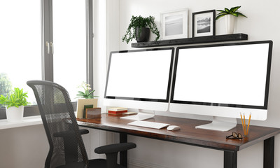 black and white desktop with two blank screens