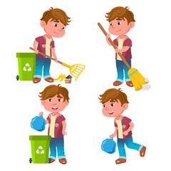 Fototapeta na wymiar Boy Kindergarten Kid Poses Set Vector. Emotional Character. Helping On The Garden. Cleaning. Garbage Collection, Recycling. For Presentation, Invitation, Card Design. Isolated Cartoon Illustration