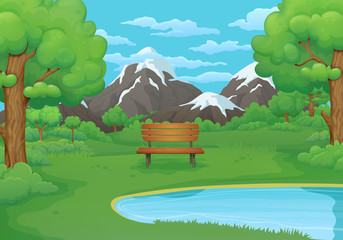 Summer, spring day illustration. Wooden bench by the lake with lush green bushes and trees. Snowy mountains in the background.