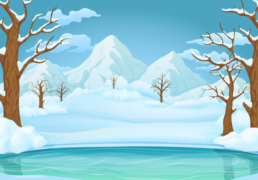 Winter day background. Frozen lake or river with snow covered leafless trees and bushes. Snowy mountains and meadows in the background.