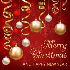 Christmas baubles and golden serpentine streamers on red background. Christmas card