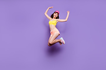 Fototapeta premium Full body size profile side view attractive positive dreamy lady