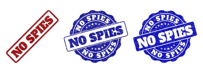 NO SPIES scratched stamp seals in red and blue colors. Vector NO SPIES labels with grunge style. Graphic elements are rounded rectangles, rosettes, circles and text labels.