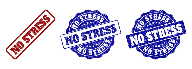 Obraz premium NO STRESS grunge stamp seals in red and blue colors. Vector NO STRESS labels with scratced surface. Graphic elements are rounded rectangles, rosettes, circles and text labels.