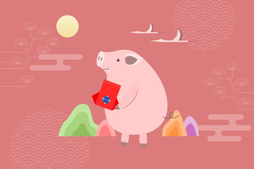 Korean new year greeting card. Cute pig in traditional background.