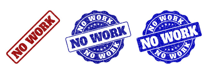 NO WORK grunge stamp seals in red and blue colors. Vector NO WORK marks with dirty style. Graphic elements are rounded rectangles, rosettes, circles and text captions.