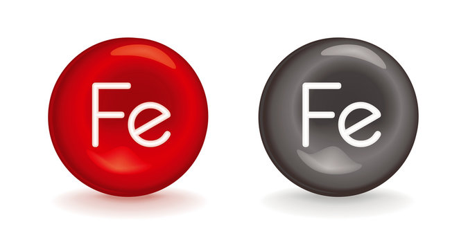 3d icon of Fe iron - red erythrocyte symbol or gray metallic mineral with Fe ferrum - vectors