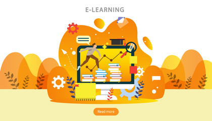 E-learning concept with computer, book and tiny people character in study process. E-book or online education. template for web landing page, banner, presentation, social media and print material.