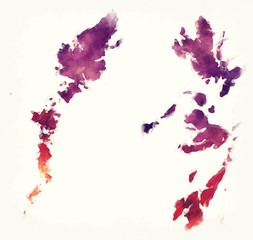 Western Isles region watercolor map of Scotland in front of a white background
