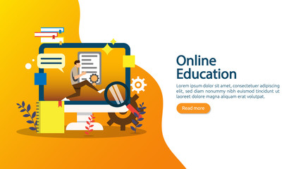 E-learning concept with computer, book and tiny people character in study process. E-book or online education. template for web landing page, banner, presentation, social media and print material.