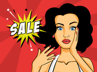 Woman in pop art style with sale bubble