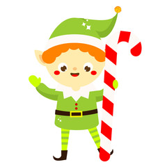 Christmas elf. Cute Santa's helper holding big candy cane. Cartoon character for new Year greeting design