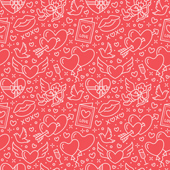 Valentines day seamless pattern. Love, romance flat line icons - hearts, chocolate, kiss, Cupid, doves, valentine card. Red white wallpaper for february 14 celebration