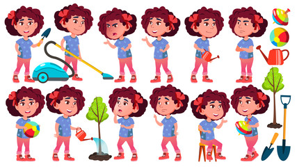 Girl Kindergarten Kid Poses Set Vector. Preschool. Young Person. Cheerful. For Web, Brochure, Poster Design. Isolated Cartoon Illustration