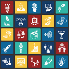 Crowdfunding icons set on color squares background for graphic and web design, Modern simple vector sign. Internet concept. Trendy symbol for website design web button or mobile app