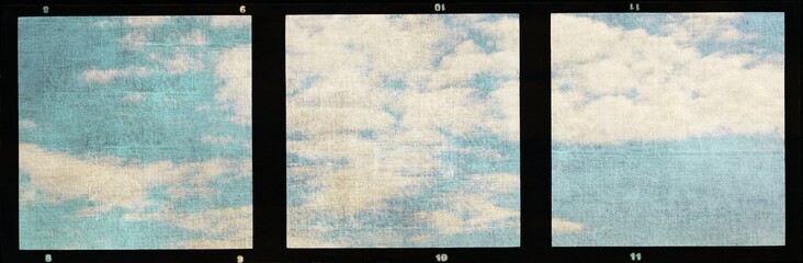Triple vintage film strip frame with blue sky and clouds. - 236980294