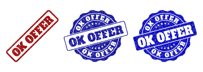 OK OFFER grunge stamp seals in red and blue colors. Vector OK OFFER signs with grunge texture. Graphic elements are rounded rectangles, rosettes, circles and text tags.