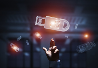 Concept of information storage and security with flash stick icon. Mixed media